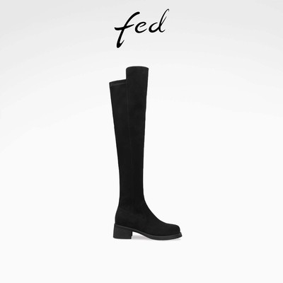fed绒面过膝靴冬季新款女靴弹力瘦瘦靴粗跟高筒靴女S0930-DD0104