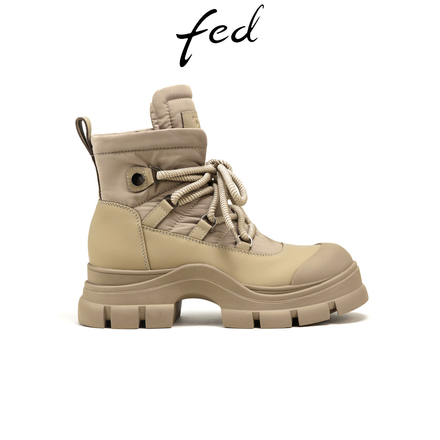 fed米白色厚底登山靴系带