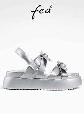 fed银色时装凉鞋夏季新款女鞋蝴蝶结软底增高凉鞋女D0701-ZCA605