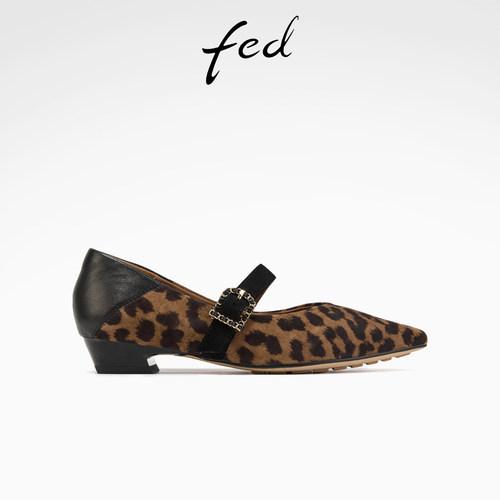 fed尖头玛丽珍鞋秋季新款女鞋豹纹单鞋粗跟通勤鞋女S0812-ZCA519