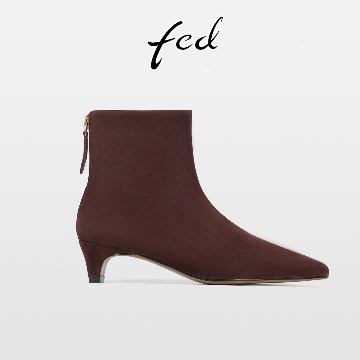 fed法式复古磨砂羊皮粗跟瘦瘦靴女秋冬新款后拉链中跟尖头小短靴