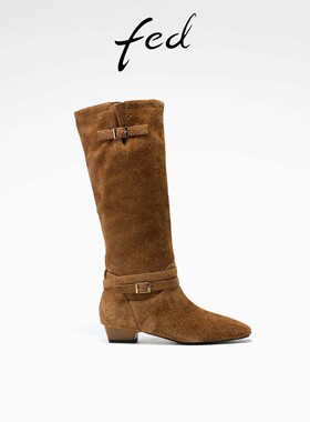 fed骑士长靴冬季新款女靴时尚堆堆靴卡其色西部靴女S1009-CAC012