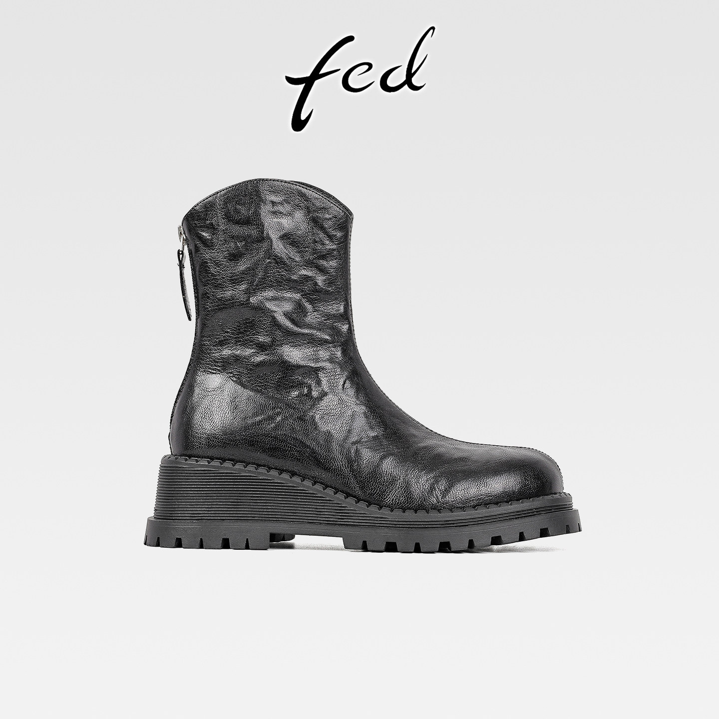 fed英伦风复古羊皮厚底马丁靴女秋冬新款后拉链圆头坡跟显瘦短靴