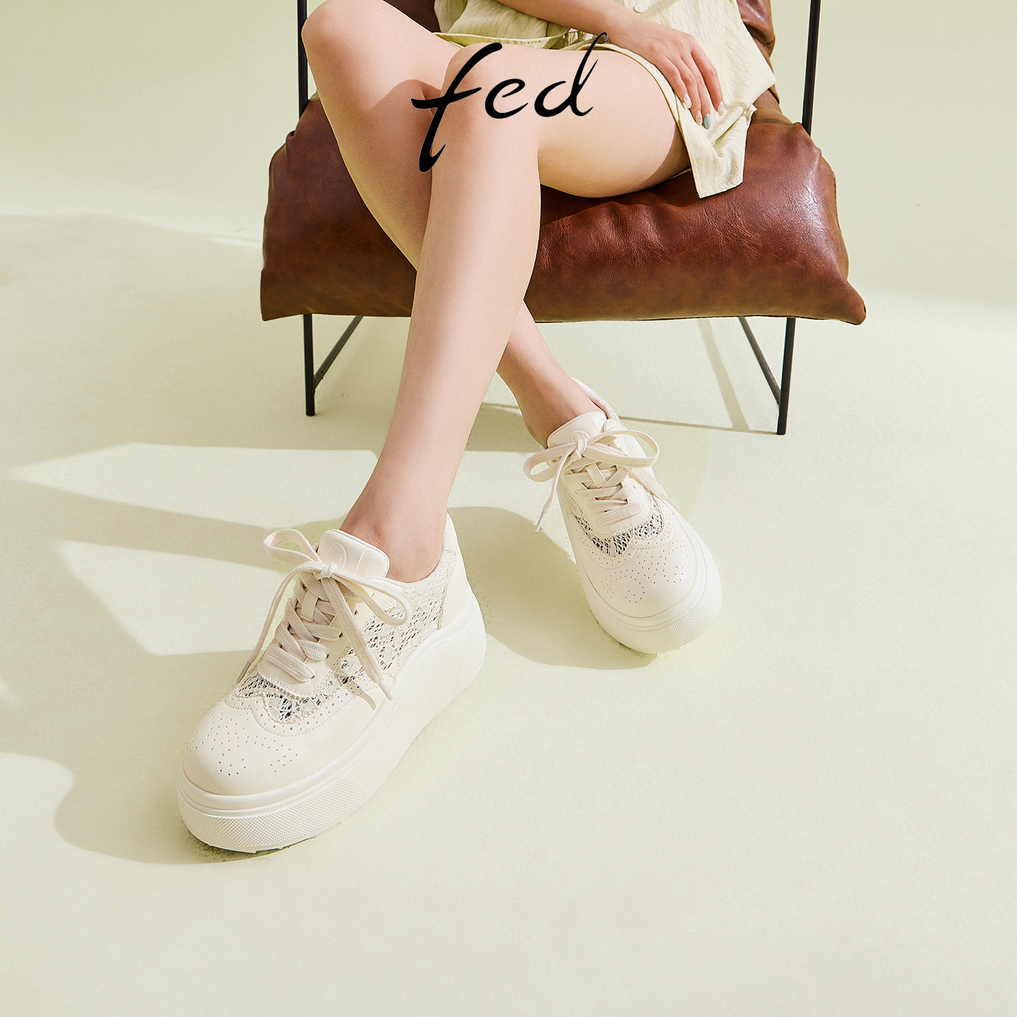 fed蕾丝透气真皮休闲鞋女2026夏季新款小个子厚底增高轻便小白鞋