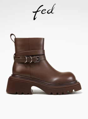 fed粗跟时装靴冬季新款女靴骑士短靴牛皮时装靴女款D1105-YAB929