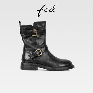 fed英伦风复古真皮粗跟皮带扣马丁靴女秋冬新款 中跟圆头机车短靴