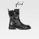 fed英伦风复古真皮粗跟皮带扣马丁靴女秋冬新款 中跟圆头机车短靴