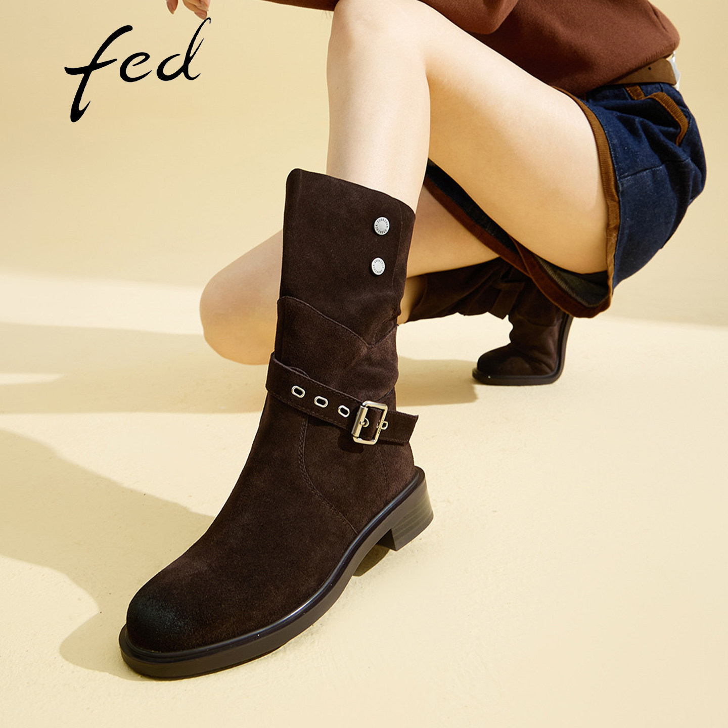 fed真皮增高西部牛仔中筒女靴