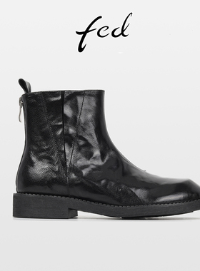 fed英伦风复古真皮粗跟马丁靴女秋冬款后拉链中跟圆头切尔西短靴