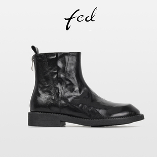 fed英伦风复古真皮粗跟马丁靴女秋冬款 后拉链中跟圆头切尔西短靴