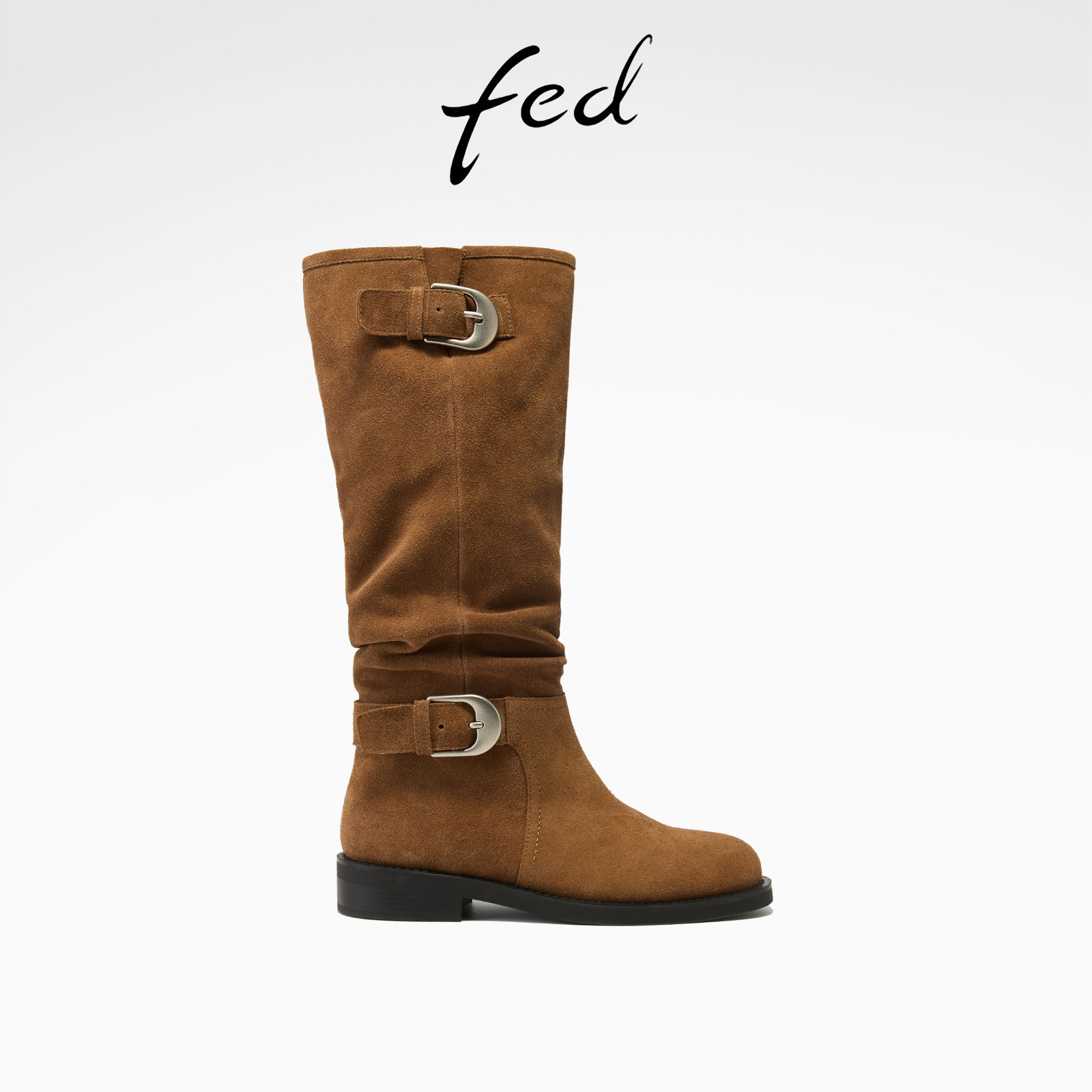 fed棕色绒面扣饰堆堆长筒靴女