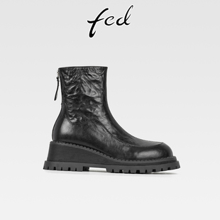fed英伦风复古羊皮坡跟切尔西短靴女秋冬款 后拉链圆头高跟马丁靴