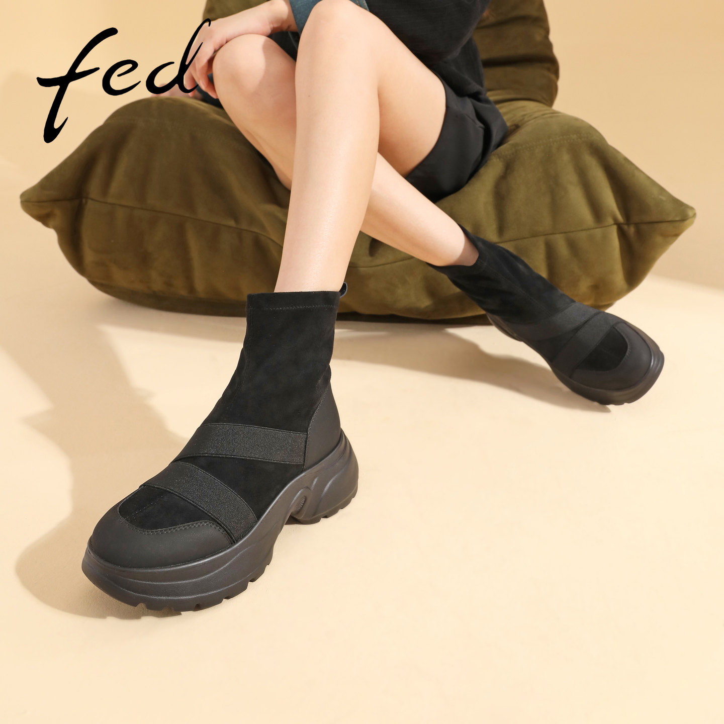 fed圆头厚底瘦瘦靴女弹力