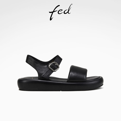 fed休闲凉鞋夏季新款女鞋黑色真皮厚底一字带凉鞋女款S0331-YA819