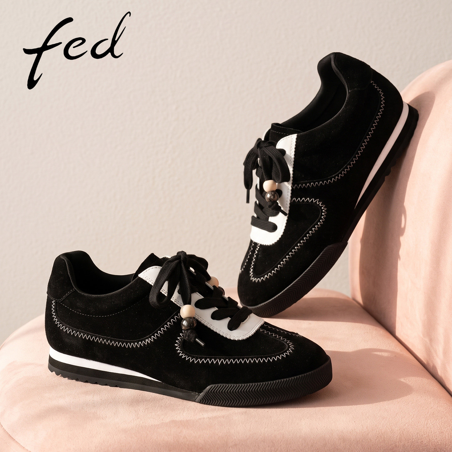 fed黑白拼色德训鞋女复古串珠