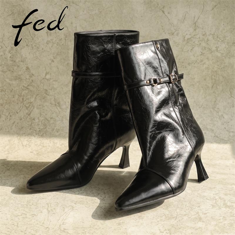 fed细跟真皮短靴女秋季新款女靴