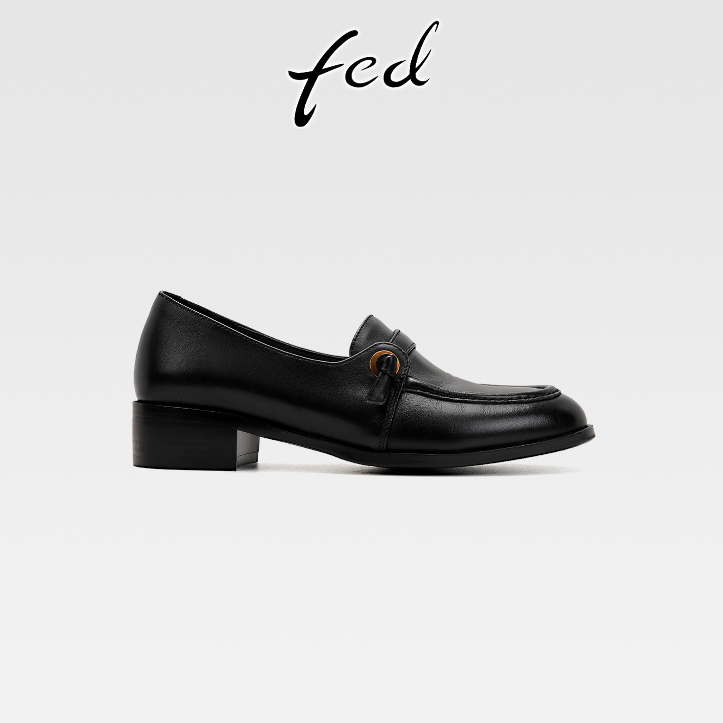 fed英伦风软牛皮粗跟乐福鞋女复古黑色小皮鞋一脚蹬圆头深口单鞋