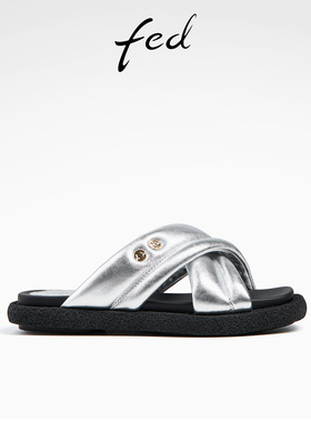 fed外穿拖鞋夏季新款女鞋一字拖银色沙滩凉拖鞋女款D0420-YAB936