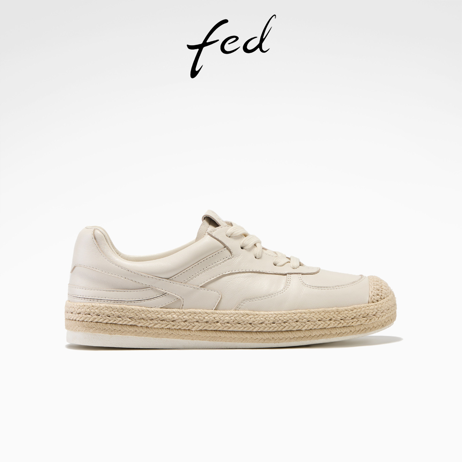 fed奶白色草编底休闲板鞋女