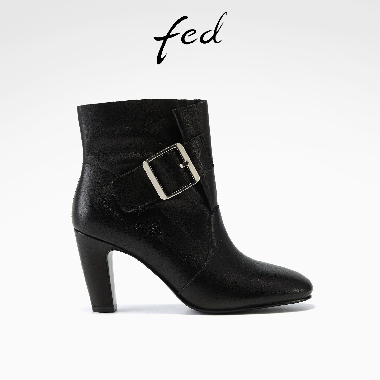 fed黑色真皮高跟短靴女方头