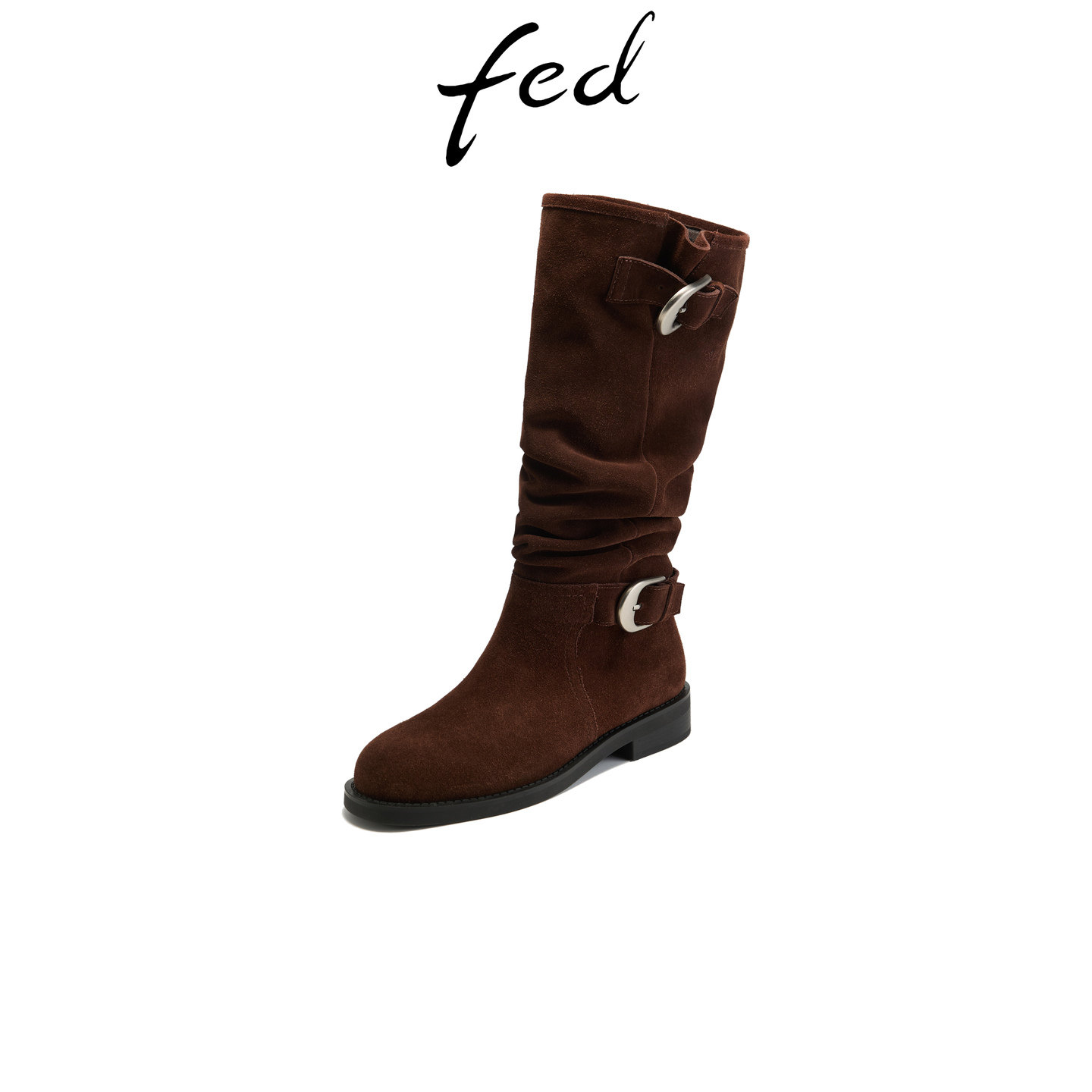 fed棕色绒面扣饰堆堆长筒靴女