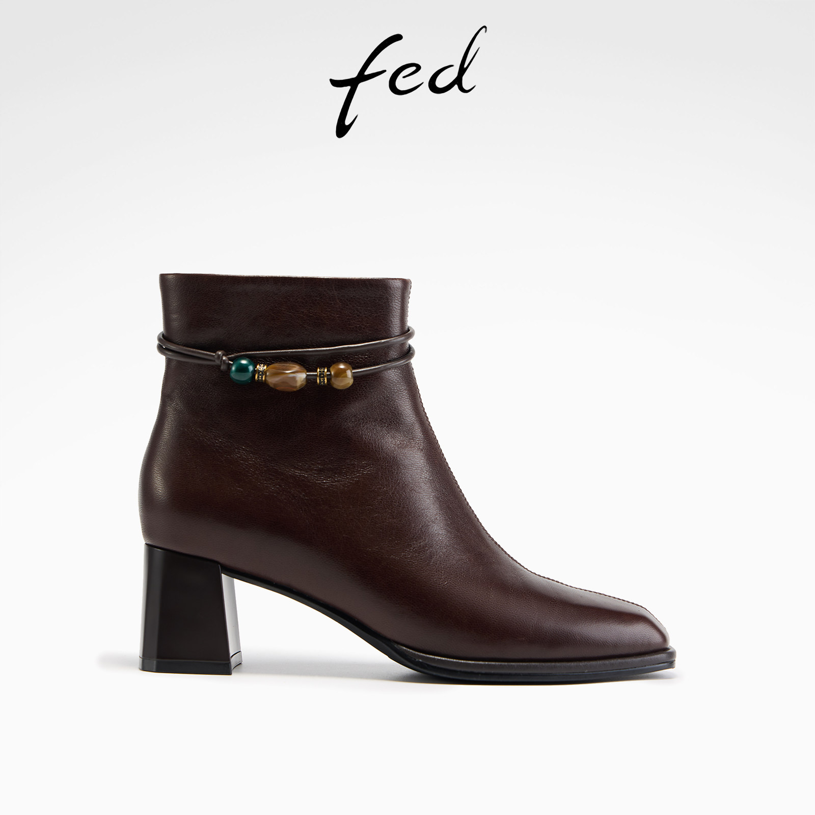 fed棕色真皮短靴女方头粗跟