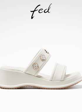 fed坡跟拖鞋夏季新款女鞋女士厚底休闲凉拖鞋一字拖女R0422-YA579