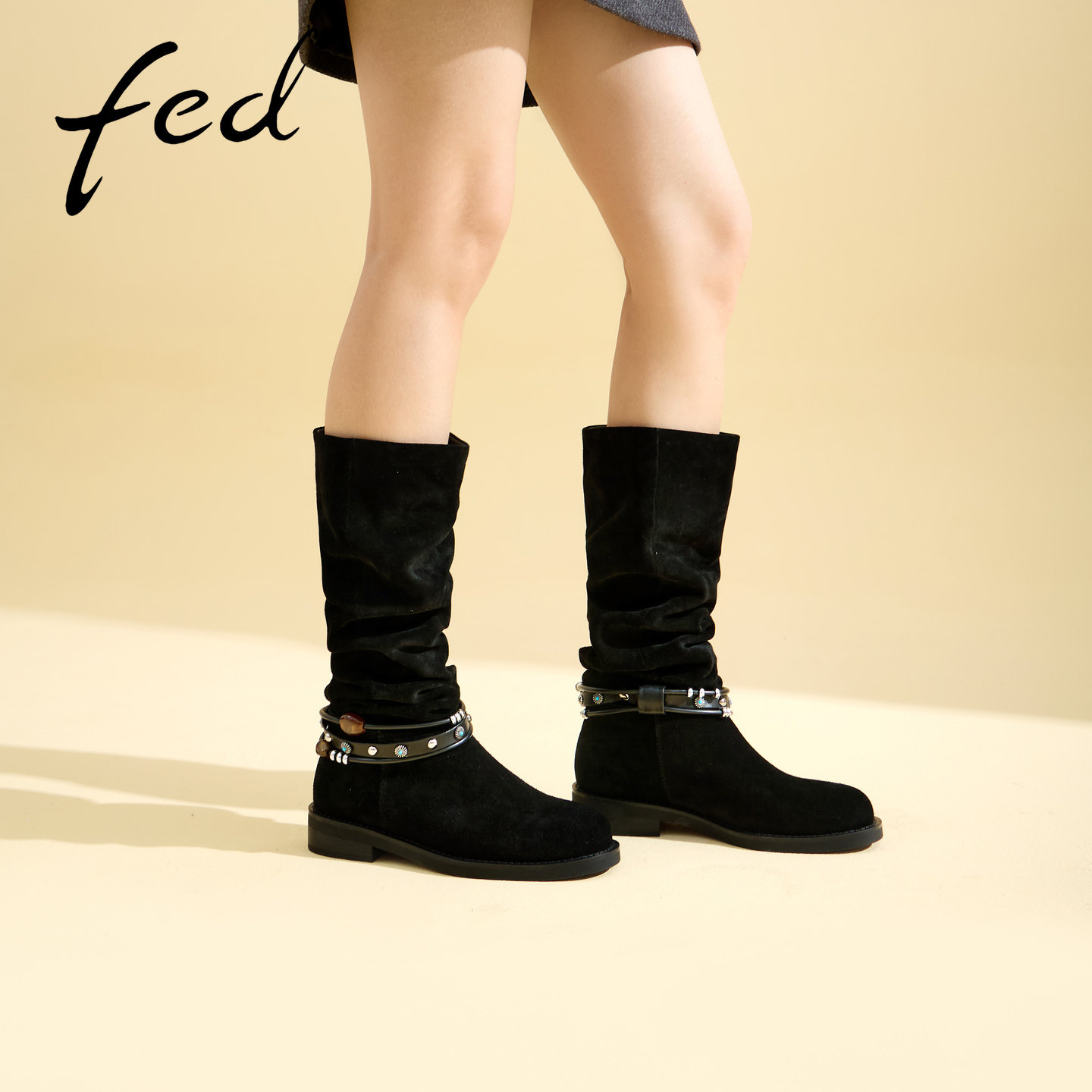 fed复古绒面堆堆长筒靴黑色女靴