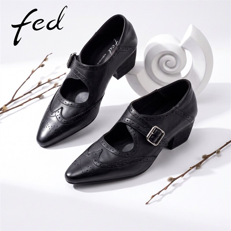 fed粗跟布洛克鞋女秋季新款女鞋
