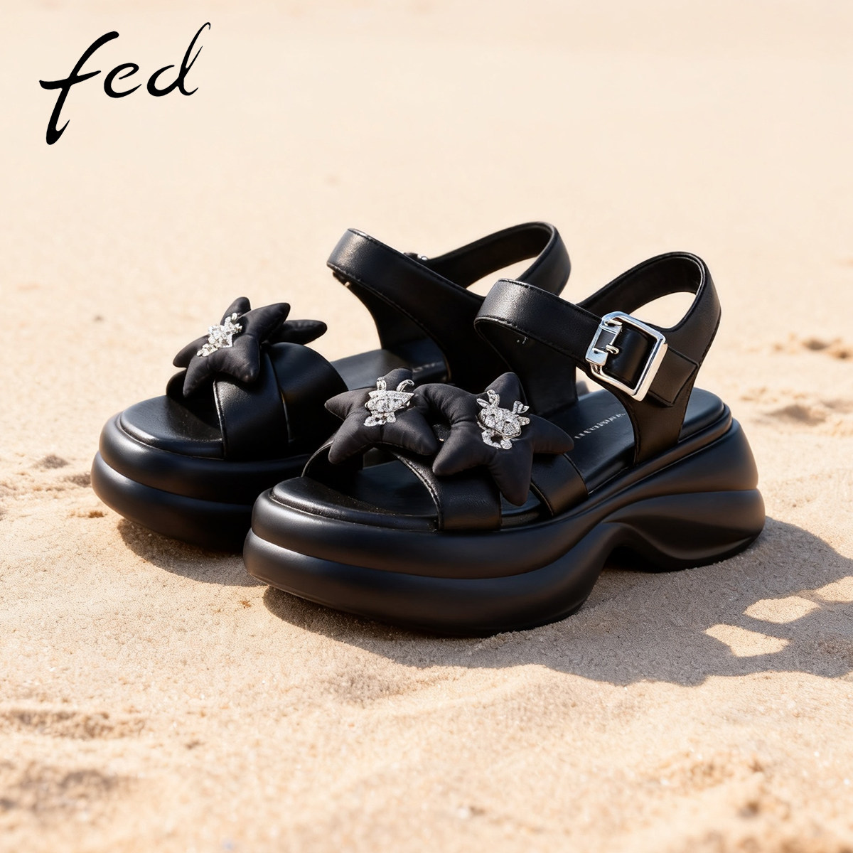 fed真皮软底后空凉鞋女夏季外穿
