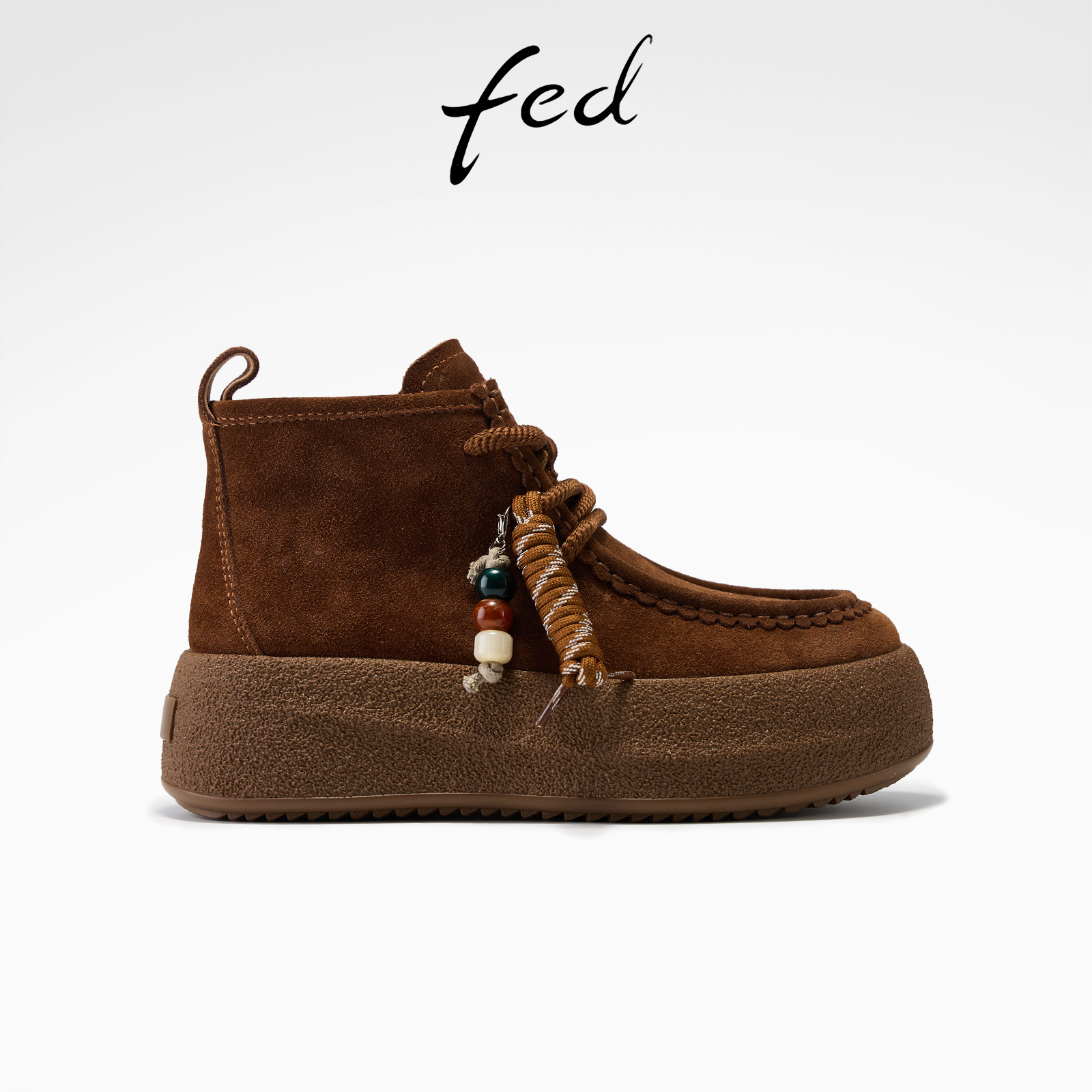 fed厚底休闲靴冬季新款女靴软底短靴串珠棕色马丁靴女S1104-YA203