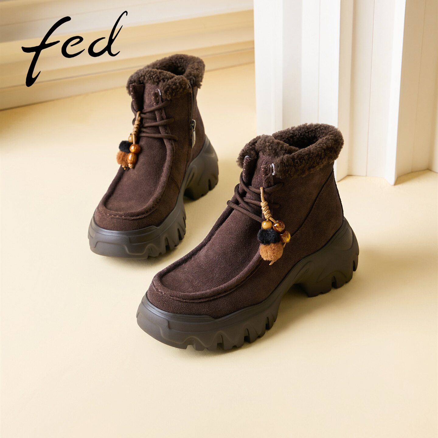 fed深棕磨砂真皮雪地靴女厚底