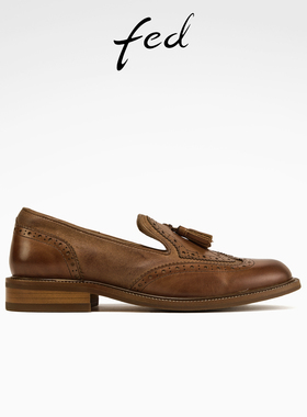 fed薄底乐福鞋秋季新款女鞋流苏单鞋复古小皮鞋女款S0905-YAB836