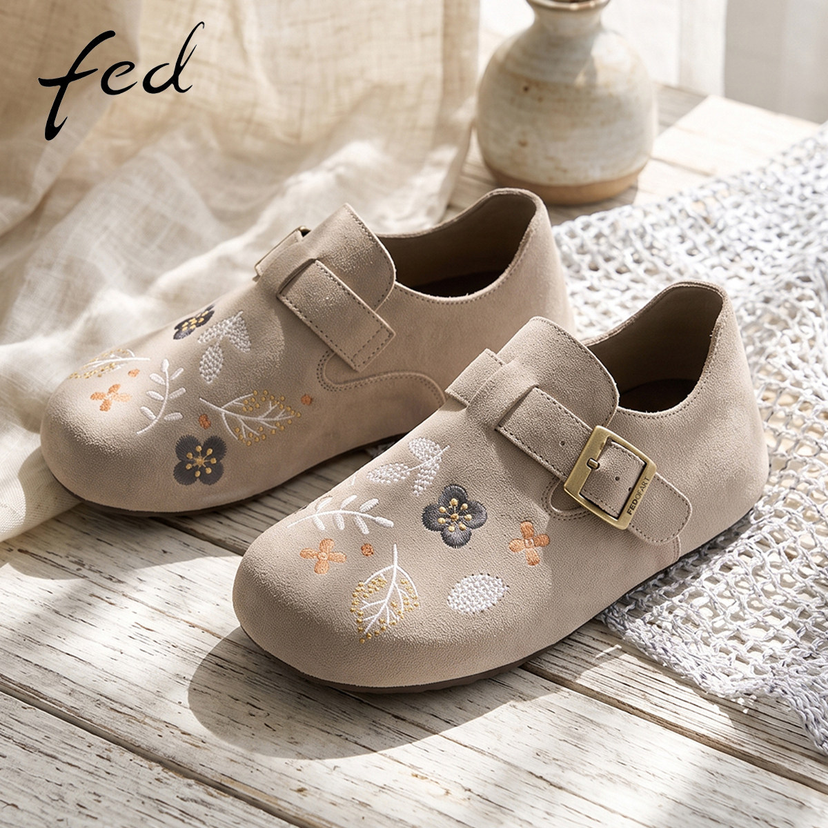 fed刺绣勃肯鞋女秋新款女鞋全包