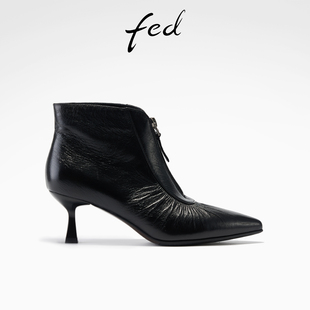 S1128 女靴黑色细跟短靴真皮高跟靴女款 ZC271 新款 fed气质踝靴冬季