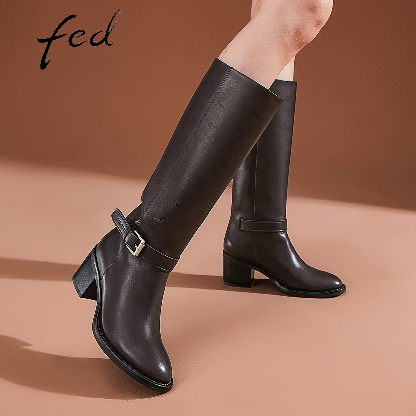 fed真皮粗跟女增高长筒骑士靴