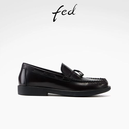 fed夏季女款酒红粗跟流苏乐福鞋