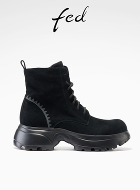 fed黑色短靴女冬季新款女鞋厚底马丁鞋增高工装靴女款S1013-YA173