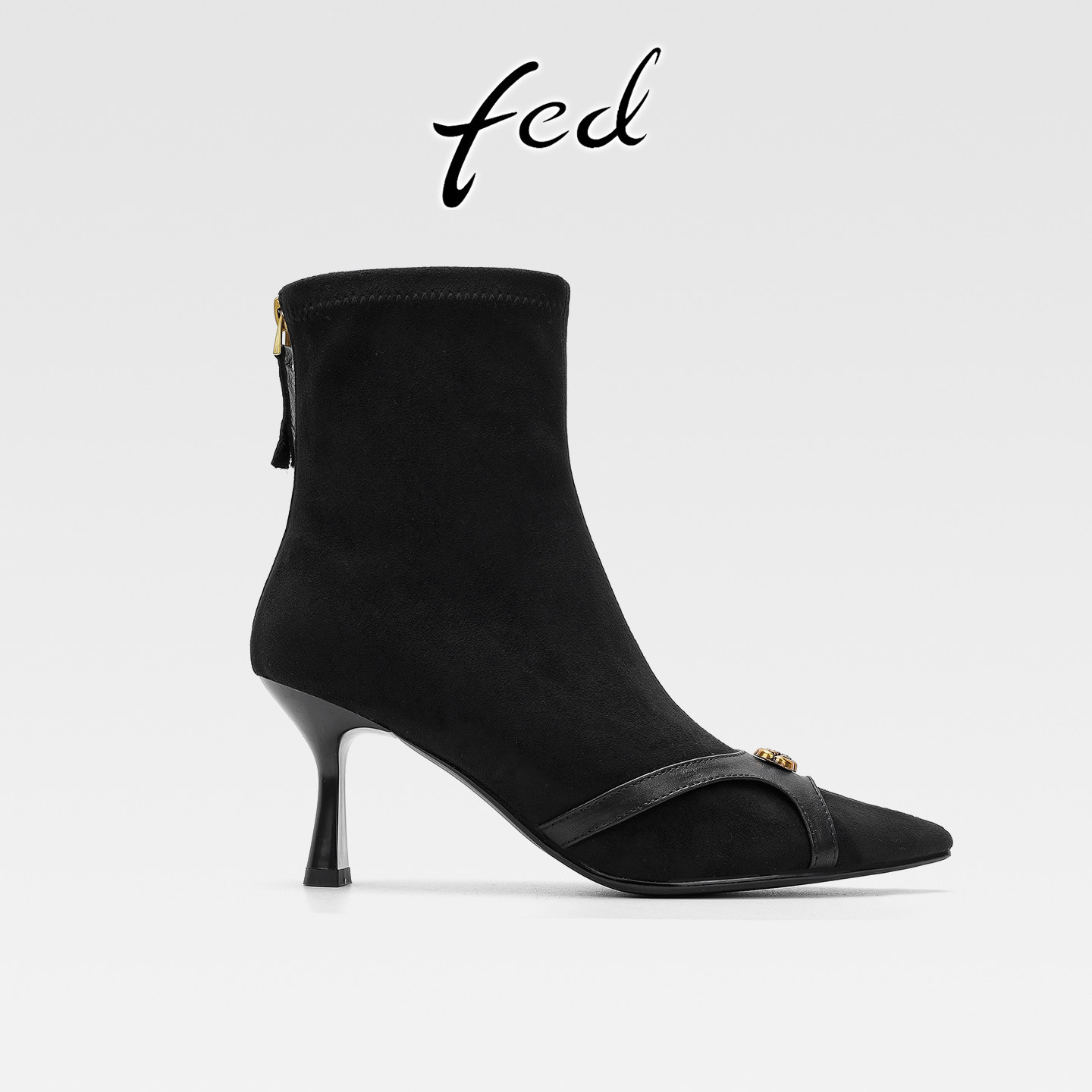 fed法式细跟绒面山茶花弹力瘦瘦靴女秋冬新款气质尖头高跟小短靴