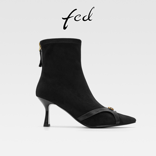 fed法式 气质尖头高跟小短靴 细跟绒面山茶花弹力瘦瘦靴女秋冬新款