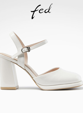 fed粗跟高跟鞋夏季新款女鞋真皮气质女士后空包头凉鞋R0420-ZF025