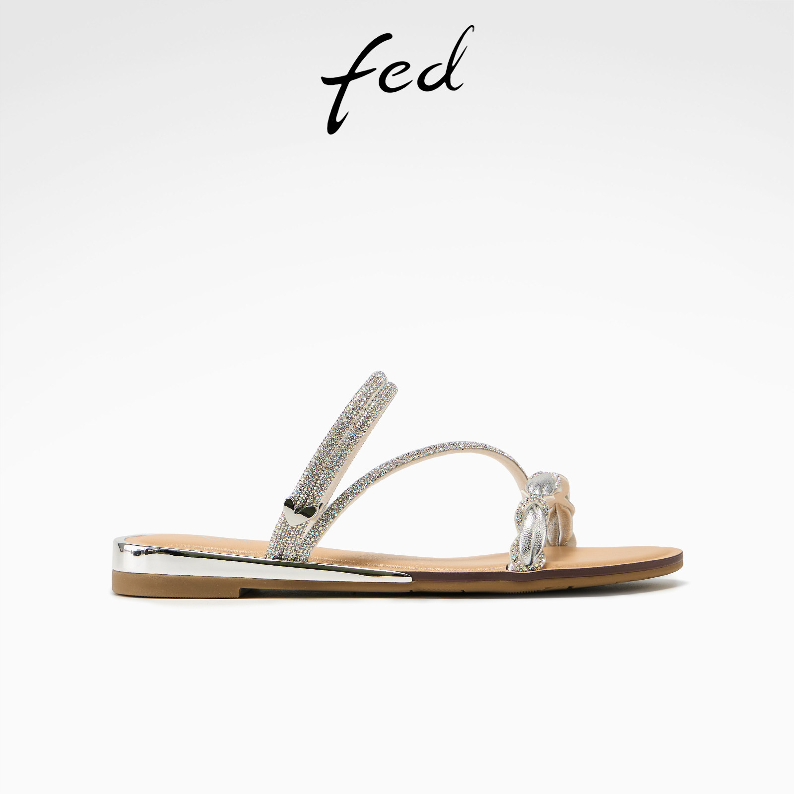 fed银色水钻一字拖女平底外穿