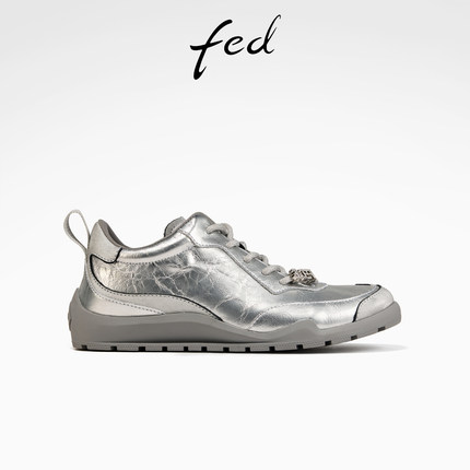 fed厚底休闲鞋秋季新款女鞋真皮德训鞋银色阿甘鞋女款S0815-YA699