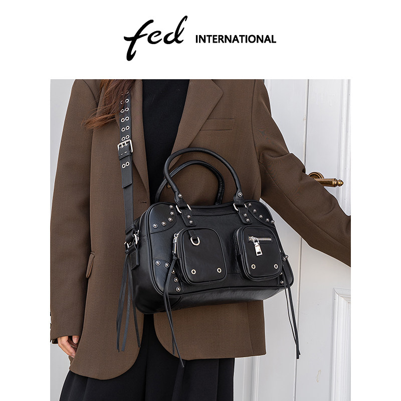 fed植鞣头层牛皮真皮女包机车包单肩手提斜挎女士波士顿包BFA9