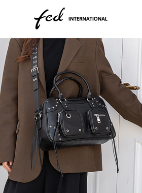 fed植鞣头层牛皮真皮女包机车包单肩手提斜挎女士波士顿包BFA9480