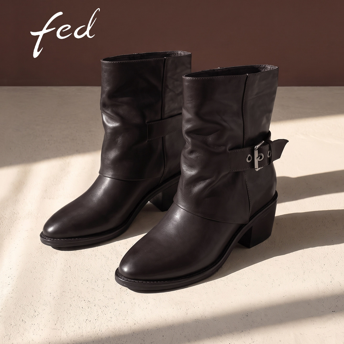 fed真皮西部短靴女显瘦粗跟