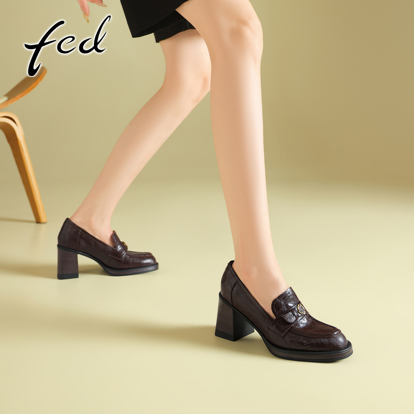 fed秋款真皮厚底粗跟乐福女鞋