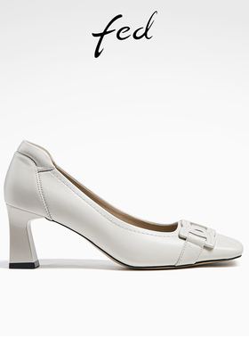 fed真皮法式单鞋春季新款女鞋白色高跟鞋粗跟单鞋女D0224-ZCB215