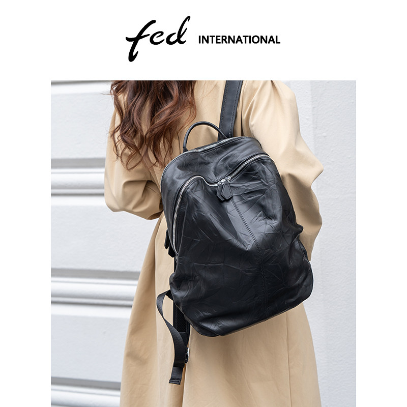 fed头层牛皮轻奢商务双肩包通勤女背包大容量休闲旅行包BFA7044