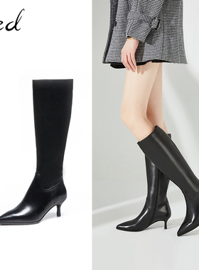 fed靴子真皮加绒米色细跟长靴冬季新款气质小香骑士靴瘦版MGB368~